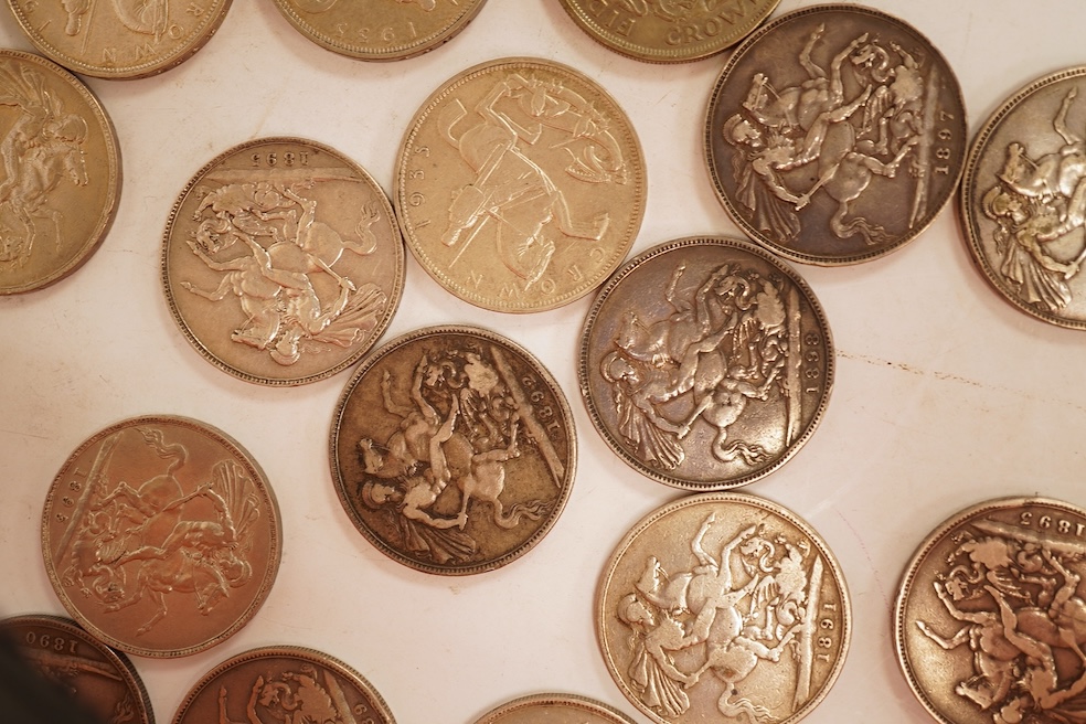 British silver coins, Victoria to George VI, eighteen crowns;, two 1889, 1890, 1891, 1892, two 1893, 1894 to 1895, 1896, 1897, 1898, four 1935 and 1937, ranging from fine to about EF